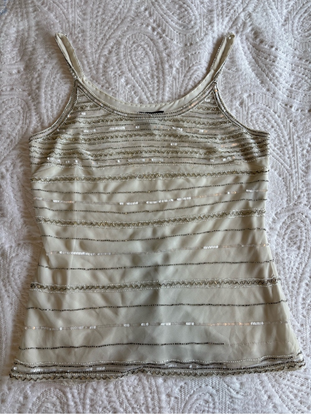Adrianna Papell Evening Essentials Cream Pearl and Silver Beaded Top Size M